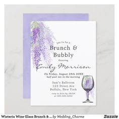 the brunch and bubbly wedding card is shown with a glass of wine