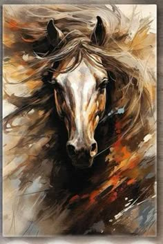 a painting of a brown horse with long hair running through the air and looking straight ahead