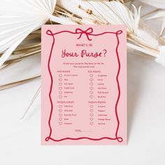 This custom hand drawn, fun and quirky BRIDAL SHOWER GAME - "What's in Your Purse" is from the Whimsical Bow Collection. Edit to fit your own event, or simply print-as-is! All color is editable should you have a different mood in mind. Access your template within minutes of purchase and edit in TEMPLETT. Wording, font, font color can all be edited, you can also add graphics or a background color to match your event style. TEMPLETT is a template editor that allows you to personalize your printable directly in your web browser, simply follow the link. It gives far greater flexibility than standard PDF templates. No software to download or fonts to install! Edit, download, and print D E M O  L I N K TRY BEFORE YOU BUY! Copy and paste this URL into your web browser: https://templett.com/design Around The World Games, Games Template, Hen Party Games, Purse Game, Whats In Your Purse, Bridal Shower Welcome Sign, Coquette Bow, Party Game, Bridal Shower Games