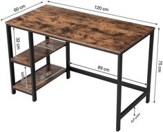 a desk with two shelves and measurements for the top section, including one shelf on each side