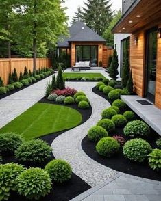 a garden with lots of green grass and bushes