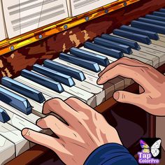 two hands are playing the piano while another hand is holding it out for them to play