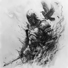 a black and white drawing of a knight on fire with a bird flying over him