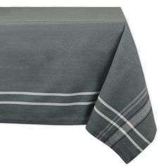 a gray table cloth with white and grey stripes on it, folded in two rows