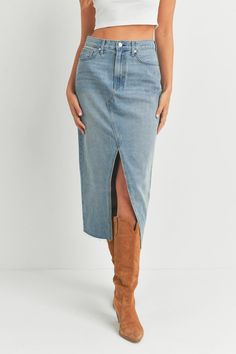 Front Slit Skirt Front Button and Zipper Closure Midi Length Material: 100% Cotton Fabric Has Minimal to No Stretch Midi Jean Skirt, Jean Midi Skirt, Midi Jeans, White Booties, Long Denim Skirt, Just Black, Midi Denim, Denim Midi Skirt, High Rise Denim