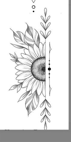 a sunflower tattoo design with arrows and flowers on the back of its head, in black and white