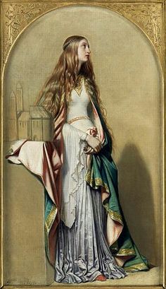 a painting of a woman in a white dress with long hair and wearing a cape