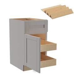 an open cabinet door and drawer on a white background