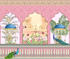 two peacocks are standing in front of a balcony with pink walls and white pillars