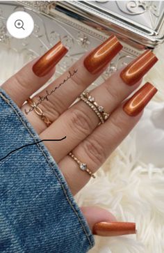 Nail Ideas Burnt Orange, Solid Color Acrylic Nails Coffin Medium, Medium Square Acrylic Nails Fall, Dark Orange Chrome Nails, Fall Acrilyc Nails, Pumpkin Color Nails, Burnt Orange Chrome Nails, Burnt Orange Nails Acrylic, October Nails Fall Gel