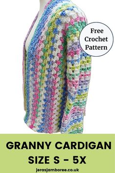 a crocheted granny cardigan is shown with the text granny cardigan size s - 5x