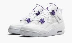 The Air Jordan 4 "Metallic Pack - Purple" one of four special edition colorways of the iconic model released for summer 2020.  Inspired by the original “Metallic” colorways of the Air Jordan 1, the white and metallic-colored scheme is translated to four editions of the Air Jordan 4, including red, orange, green, and purple.  Each colorway was released in specific regions of the world, with the US receiving this purple version.  The construction features a full-grain leather upper with a metallic Jordan 4 Violet, Jordan 4 Retro Metallic Purple, Jordan 4 Purple, Jordan 4 Metallic Purple, Jordan 4 Metallic, Jordan 4 Retro Metallic, Sepatu Air Jordan, 70s Converse, Nike X Travis Scott