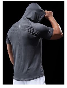 Compression Slim Fit Hooded Bodybuilding T Shirt Fitted Gray T-shirt For Running, Black Hooded T-shirt For Sports, Gray Hoodie Sportswear Top, Techwear Sports Hooded Top, Technical Stretch Hooded Activewear, Sporty Gray Hooded Top, Gray Sporty Hooded Top, Athleisure Stretch T-shirt In Athletic Heather, Gray Stretch Sports Top