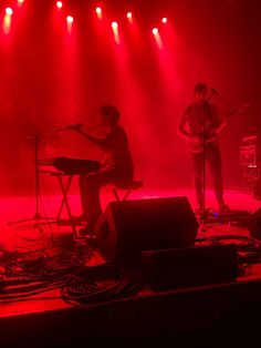 two men playing instruments on stage with red lights behind them and microphones in the foreground