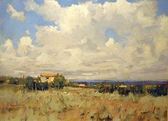 an oil painting of a field with clouds in the sky and houses on the other side