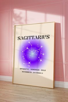 the zodiac sign sagittarius in front of a pink wall and wooden floor