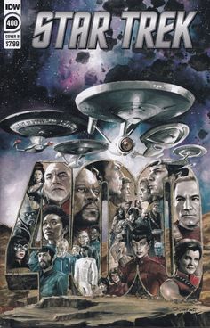 the cover to star trek, with images of people and spaceships in front of them