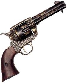 an antique revolver with ornate engraved details on the barrel and side sights, isolated against a white background