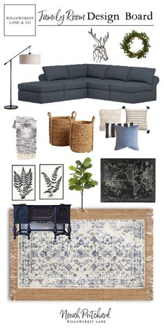 a living room design board with blue furniture and rugs on the floor, along with plants