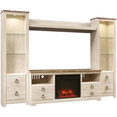 Willowton 4 Piece Infrared Fireplace Entertainment Center - QK1028094_ASHL_PRI_OL White Wash Fireplace, Infrared Fireplace, Glass Shelving, Fireplace Entertainment Center, Fireplace Entertainment, Estilo Shabby Chic, Fireplace Insert, Fireplace Tv Stand, Tv Stands And Entertainment Centers