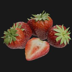 four strawberries with green leaves and one strawberry on the top, in front of a black background