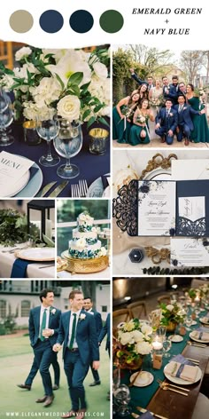 a collage of photos with blue, green and white wedding colors in the same color scheme