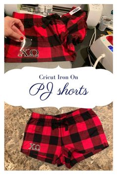 a pair of red and black plaid shorts with the words cricut iron on pj shorts