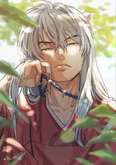 an anime character with white hair and blue eyes is staring at the camera while holding his hand to his ear