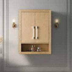 a bathroom cabinet with two lights on the wall