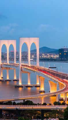 the bridge is lit up at night and has many lights on it's sides