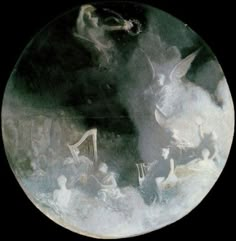 an image of a painting on the inside of a round glass plate with angels in it