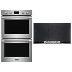 two stainless steel ovens side by side on a white background, one with the door open