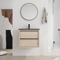 a bathroom with a sink, mirror and towel rack on the wall next to it