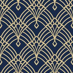 an art deco style wallpaper design in gold and navy blue, with wavy lines