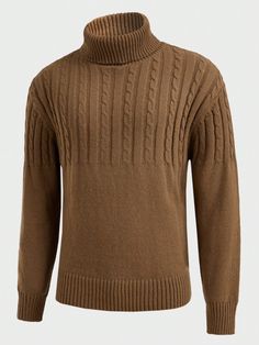 Men's Fashion Solid Color Plain Turtleneck Long Sleeve Casual Pullover Sweater, Autumn/Winter, For Vacation, Husband Brown Casual  Long Sleeve Knitwear Plain Pullovers Slight Stretch  Men Clothing, size features are:Bust: ,Length: ,Sleeve Length: Brown Turtleneck, Turtle Neck Men, Casual Pullover Sweater, Casual Turtleneck, Color Plain, Sweater Autumn, Basic Sweaters, Guys Clothing Styles, Turtleneck Long Sleeve