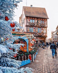 people are walking down the street in front of christmas decorations and buildings with trees on either side