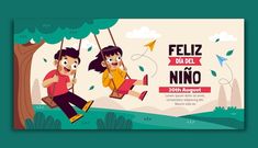 two people swinging on swings in the park with text that reads feliz du de nino