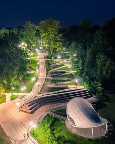 an aerial view of a park at night