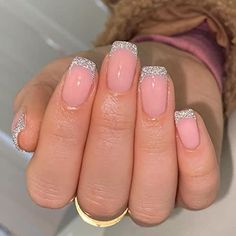 Opal Nails, Glitter French Tips, French Pedicure, Manicure Gel, Short Square Nails, Simple Gel Nails, French Tip Acrylic Nails, Nails Prom, Silver Nails