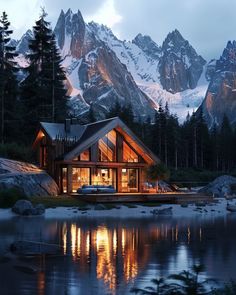 a cabin is lit up at night in the mountains