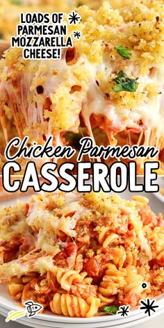 chicken parmesan casserole recipe on a white plate with text overlay