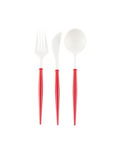 red and white plastic utensils on a white background