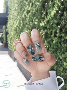 Green marble nails can easily match to any natural scenery background. Highly recommend the green manicure, when you planned to any natural trips. Surprisingly, this nails photo taken at Hilton Kota Kinabalu's roof top swimming pool side is so perfect! Kudos to Maniqure nail designers!  #MarbleNails #DressUpYourNails #ManiqureMy #KotaKinabalu Green Marble Nails, Green Manicure, Nails Photo, Nails Green