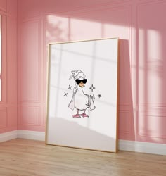 a pink room with a white framed poster on the wall and a pair of sunglasses