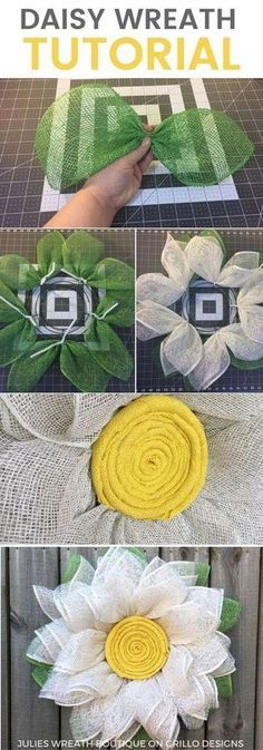 the instructions for how to make daisy wreaths with fabric and paper flowers on them