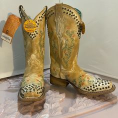 $250 O.B.O. Corral Size 8m. Beige Boot With A Peach/Green Embroidered Cactus With Metal Embellishments. Square Toe Square Heel. Embroidered Cactus, Beige Boots, Peach And Green, Shoes Heels Boots, Shoes Women Heels, Heeled Boots, Embellishments, Shoes Heels, Cactus