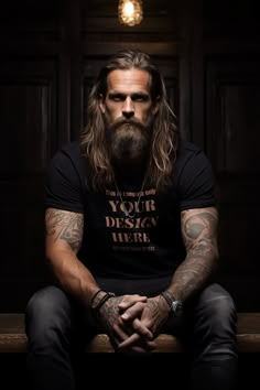 Black T-Shirt Mockup with Male Tattoo Model, Long Hair and Bearded Hipster Model, Urban Aesthetics, Handsome American Tattooed Man Mock by ViviCreativeLand on Etsy Beard And Tattoos Men With, Long Hair Bearded Men, Men With Beards And Tattoos, Gentleman Photoshoot, Viking Husband, Big Beards Men, Male Model Poses