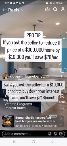 an iphone screenshot of a kitchen with the text pro tip if you ask the seller to reduce the price of a $ 350, 000 home by $ 8 / month