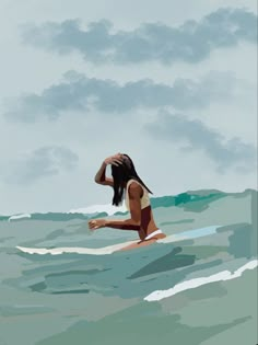 a painting of a woman sitting on a surfboard in the middle of the ocean