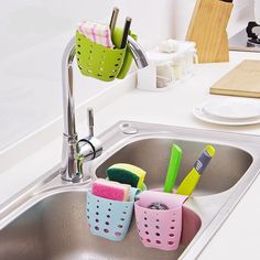 a sink that has some cleaning supplies in it